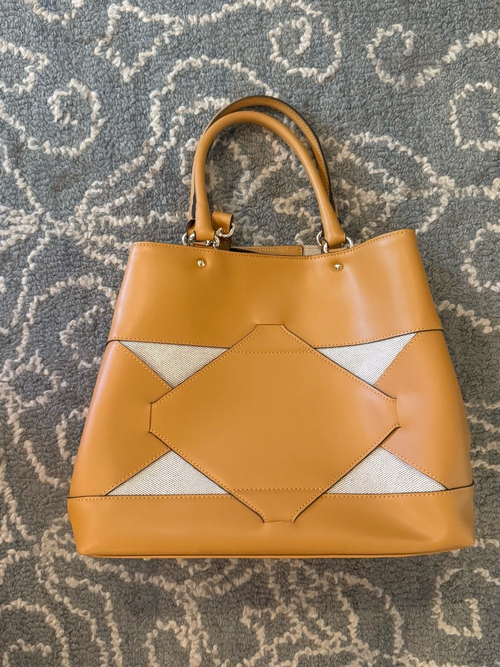 Structured Tan Satchel with Cream Canvas Accent Panels